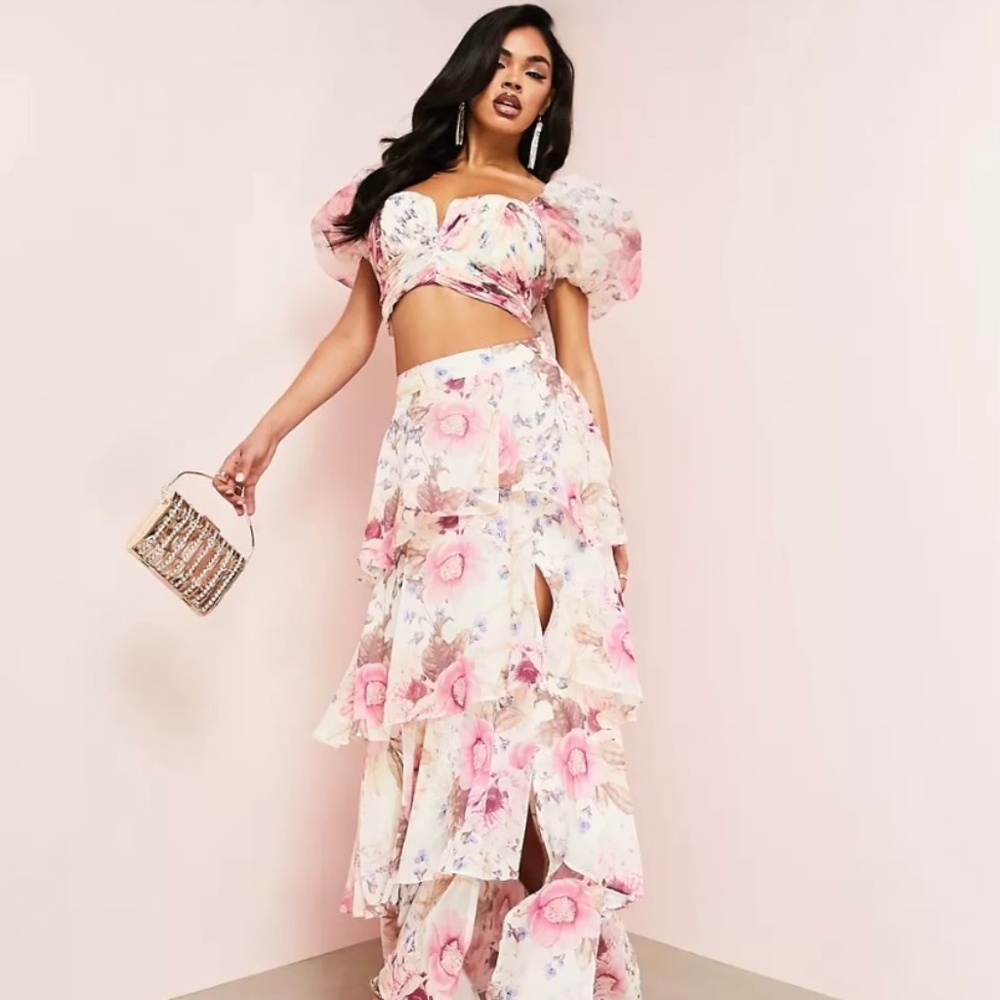ASOS LUXE organza puff sleeve top with bow back in floral print - part of a set